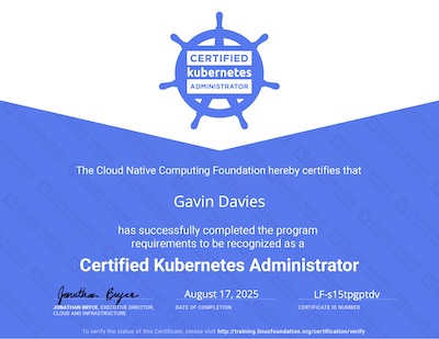 Certified Kubernetes Administrator certificate, dated August 17, 2025, certificate ID LF-s15tpgptdv